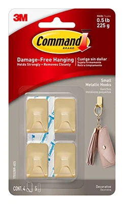  Small Metallic Hooks Brass Color, 4 Hooks and 5  Strips, Damage Free Wall  - Image 1 of 4