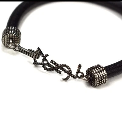 NWT $290 Saint Laurent Black Leather Silver YSL Opyum Logo Bracelet Sm AUTHENTIC - Image 1 of 4