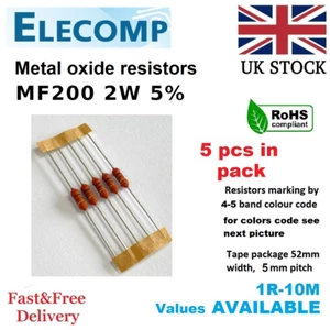2W Metal film Resistors 5% All Values(1R-1K-1M) 5 in Pack Free P&P UK stock - Picture 1 of 8