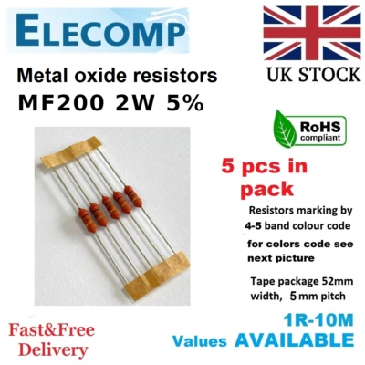 YAGEO, VIKING, TE 2W Metal film Resistors 5% All Values(1R-1K-1M) 5 in Pack Free P&P UK stock