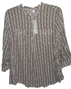 NEW Womens Plus Size 2X Tunic Blouse 1/4 Button Roll Tab SLV Brown Chevron Rayon - Picture 1 of 24