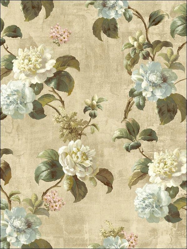 Wallpaper Designer Painted Look Large Rose Trail Vine on Tan Background 60 sq ft - Image 1 of 1