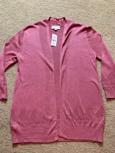 NWT Loft Outlet Open Front Pointelle Rose Pink Thin Cardigan Duster Sweater PM - Picture 1 of 5