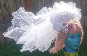 Vtg. 50-60s Lace Juliet Cap Wedding Veil with Floral and Faux Pearl/Bead Accents - Picture 1 of 14