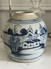 Antique 19th blue white Chinese ginger jar w landscaping painting boat fisherman
