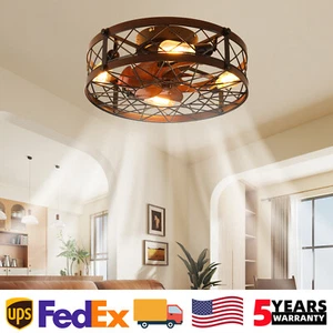 20 inch Ceiling Caged Flush Mount With Farmhouse Fan Light Kit Reversible Black - Picture 1 of 13
