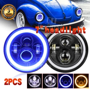 For VW Beetle 1967-1979 2x 7" Inch Round LED Headlights Blue Halo DRL Hi/Lo Beam - Picture 1 of 21