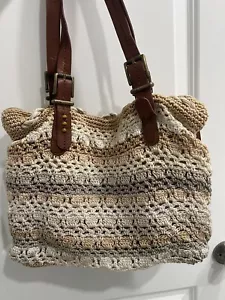 The SAK Crochet Double Handle Shopper Tote Shoulder Bag Cream, Brown, Silver - Picture 1 of 5