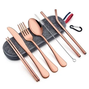 8piece Portable Utensils Set Stainless Steel Copper Travel Silverware Set Reusab - Picture 1 of 7