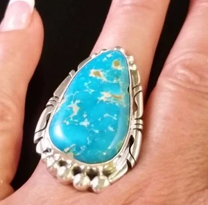 Native American Navajo Fox Turquoise Sterling Silver Ring Signed Size 8 - Imagen 1 de 12