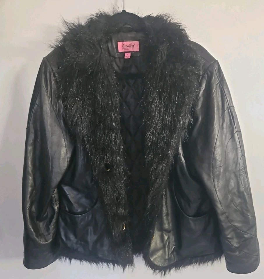 Sz L Vintage women's Patchwork leather Black Jacket With Faux Fur Trim   - Image 1 of 4