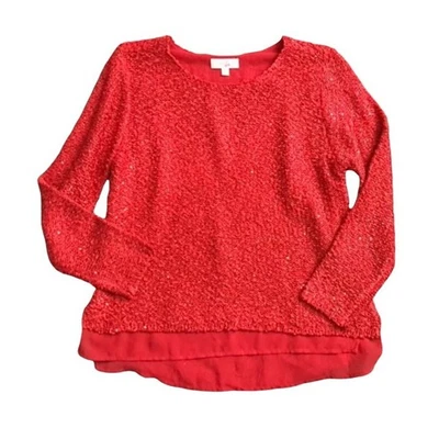GB Girls Youth Size Large Long Sleeve Red Sparkly Sequined Chiffon Trim Sweater - Image 1 of 4