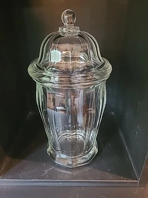 Hermoso frasco de boticario de farmacia mercantil de vidrio Indiana de colección con tapa de cúpula Foto 1 de 4