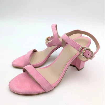 Stuart Weitzman Crystal Buckle 75 Block Heel Sandals Pink Size US6.5 EU37 - Image 1 of 4