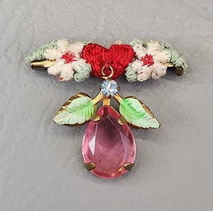 Vintage Rhinestone Teardrop Brooch Heart Stitched Pink Glass 1.25" - Picture 1 of 14