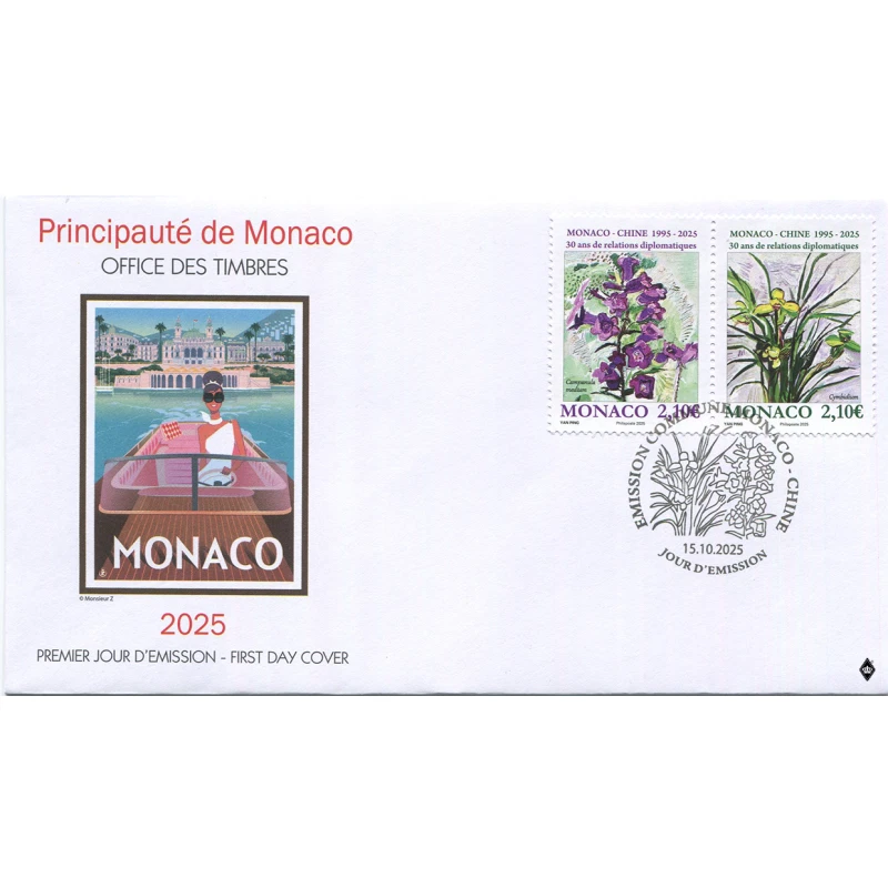 monaco 2025 joint issue with CHINA flowers campanula cymbidium flora 2v FDC PJ - Image 1 of 1