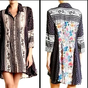 Cyrena/Anthropologie schwarz & weiß Blumen Shirt Kleid bunter Rückeneinsatz Gr. Lge - Bild 1 von 12
