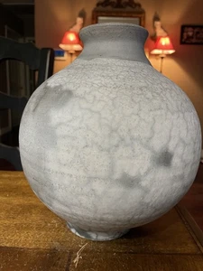 8"x6.5" Raku Pottery Vase in the Shape of a Moon Jar Signed w/Wreath on Bottom - Picture 1 of 7