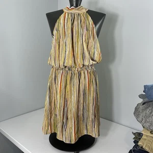 Sleeveless Colorful Striped Mock Tie Neck Dress Womens XL Stretch Waist Sundress - Picture 1 of 15
