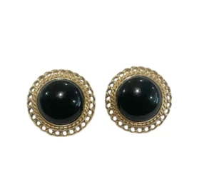 90s Vtg Monet Clip On Earrings Statement Fashion Costume Jewelry Gold Tone Black - Picture 1 of 6