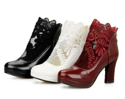 Botín de malla de encaje para mujer zapato plataforma hueca tacón alto grueso bordado Foto 1 de 4