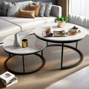 2er-Set Couchtisch Marmor Kaffeetisch Beistelltisch rund Sofatisch Wohnzimmer - Bild 1 von 12