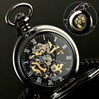 Mens Pocket Watch Mechanical Black Steampunk Skeleton Retro Chain Luxury Classic