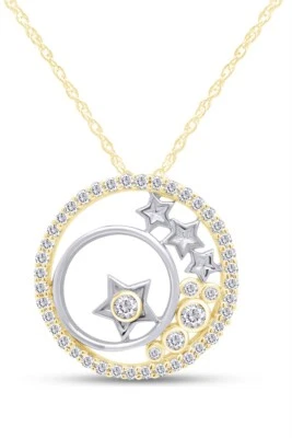 Collar Colgante Estrella Luna Círculo Dos Tonos Diamantes Naturales 1/3ct Oro Amarillo 14K Foto 1 de 4