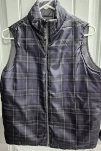 Merona Vest Women's Medium Plaid Purple Gray Reversible Full Zip Quilted Pockets - Picture 1 of 14