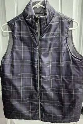 Merona Vest Women's Medium Plaid Purple Gray Reversible Full Zip Quilted Pockets - Image 1 of 4