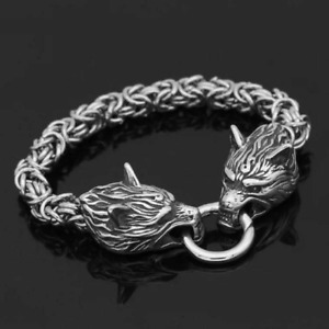 Mens Steel Wolf Bracelet Stainless Steel Norse Celtic Silver Fenrir Viking Chain
