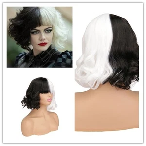 Haare Halloween Party Kostüm 12" Cruella Cosplay Perücke schwarz weiß lockig - Bild 1 von 12