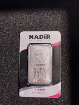 Barra de plata fina .999 de metal Nadir de 1 oz - en tarjeta de ensayo Foto 1 de 2