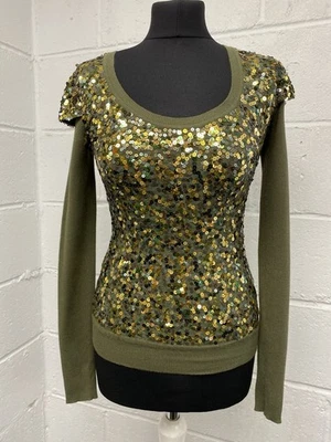 Karen Millen Khaki Green Knitted Jumper With Gold Sequin Front Size 6 PT - Image 1 of 4