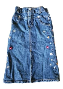 Oshkosh Long Denim Skirt Size 5 Girls Embroidered Flowers - Picture 1 of 6