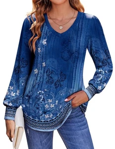 Zeagoo Womens Tops Dressy Casual V Neck Puff Long Sleeve T Shirts Boho Floral... - Picture 1 of 4