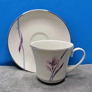 Vogue By Pickard Coffee - Tea Cup With Saucer - Lavender Flowers, Blue Ribbon - Picture 1 of 11
