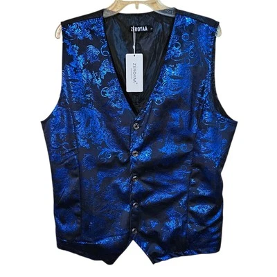 Zeroyaa Men's Paisley Vest Metallic Blue Size L Formal Tuxedo Dress Waistcoat - Image 1 of 4