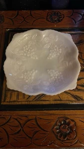 Vintage Anchor Hocking Milk Glass Low Pedestal Dish with Grape and Leaf Design - Picture 1 of 4