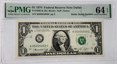 $1 Bill 1974 Fancy Serial Number PMG 64 Choice UNC BINARY RADAR - K 05055050 C - Image 1 of 4