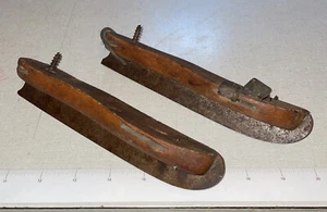 Pair Antique Primitive Wood & Steel ICE SKATES - Spike Heel - Strap-On - 8" NR - Picture 1 of 5