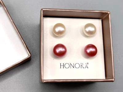 Boxed 2 Pair HONORA Stainless Steel Cultured Pearl Studs 9mm Rose Pink, White - Image 1 of 2
