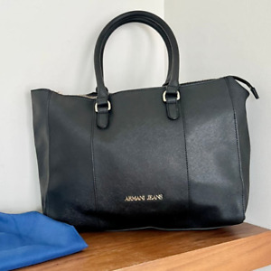 NWOT Armani Jeans Authentic Faux Leather Dual Top Handles Bag Black Women's