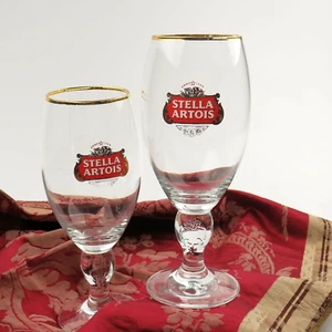 Vintage Stella Artois Set 2 Original Glass Chalice, Larger 40 Cl Size Gold Rim - Picture 1 of 12