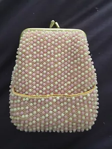 Vintage White & Pink Beaded Coin Purse - Hand made in Hong Kong Metal Clasp - Picture 1 of 10