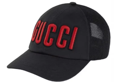 $795 New Authentic GUCCI Embroidered Logo Baseball Cap Black, Red Logo sz Large - Image 1 of 4