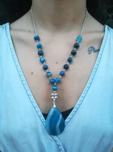 COLLANA DONNA IN AGATA NATURALE CON PENDENTE DI AGATA BLU E ARGENTO 925 - Foto 1 di 14