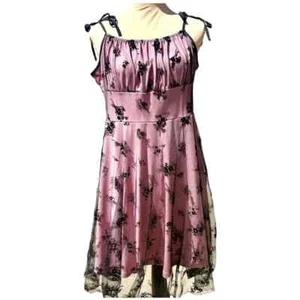 Pink Floral Sundress with Delicate Black Lace Adjustable Tie Shoulder Size Large - Picture 1 of 13