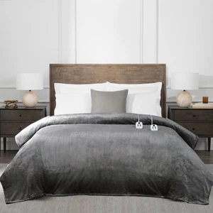 Acogedora manta térmica de felpa Brookstone con temporizador - Doble, gris liso #C854 - Imagen 1 de 10