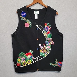 QUACKER FACTORY Womens 1X Cardigan Sweater Vest Black Ugly Christmas Santa NEW - Picture 1 of 19